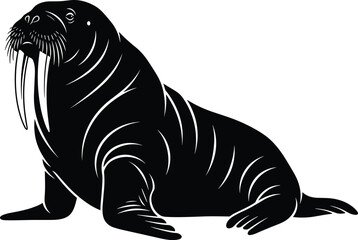 Stylized black and white walrus silhouette illustration with long tusks and heavy body, ideal for arctic wildlife logos, marine biology, and nature. © Creative Mind