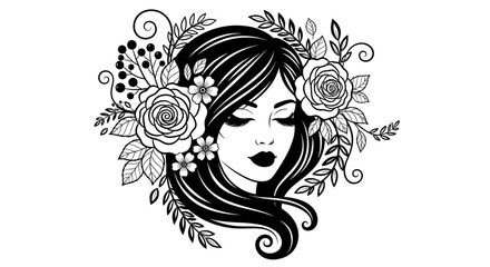 Fototapeta premium Elegant Woman with Floral Wreath Illustration Feminine Beauty Salon Logo Design for Spa and Fashion Branding