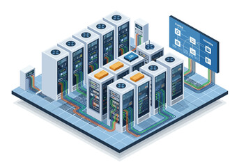 Obraz premium Isometric illustration of servers and data storage units connected to a digital display showcasing technology infrastructure