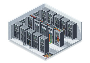 Isometric View of Server Room with Multiple Servers and Cables