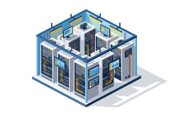 Obraz premium Isometric View of a Modern Data Center with Servers and Computer Equipment in a Secure Facility