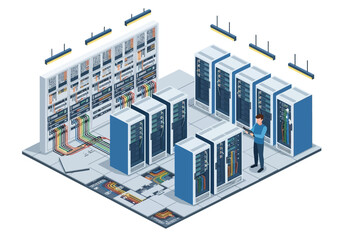 Obraz premium Isometric illustration of a man inspecting server racks in a data center facility with multiple server units and networking equipment