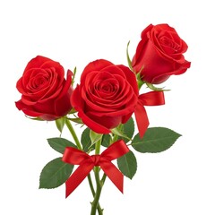Fototapeta premium Three red roses with ribbons on white background