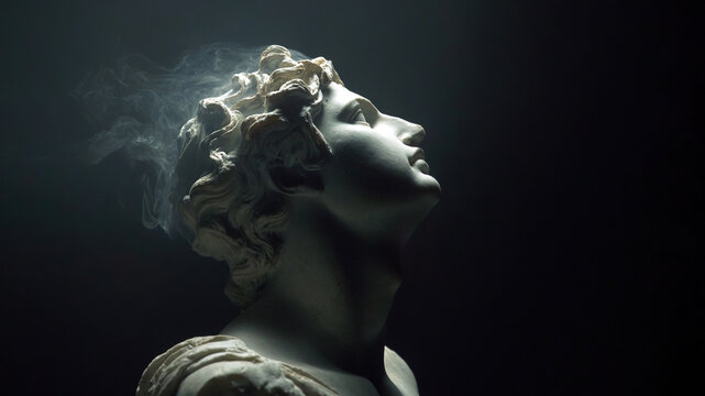 Classical marble bust with creative mind generating ideas with smoke from head