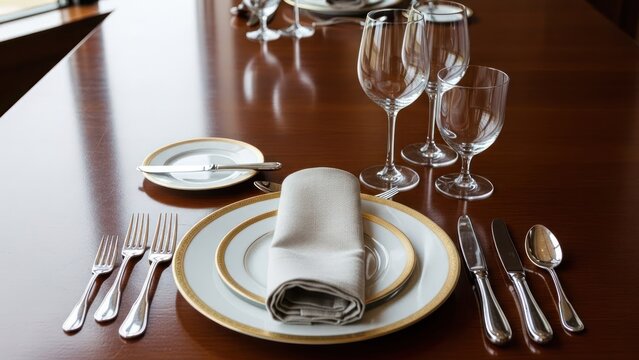 Elegant table setting with pristine silverware, fine china, and wine glasses on a rich wood surface