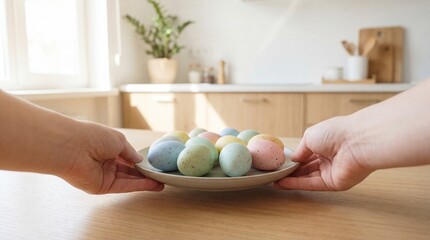 Hands holding ceramic plate with pastel colored Easter eggs on wooden table. Bright kitchen interior with natural light and minimal home decor. Easter celebration spring holiday and cozy family