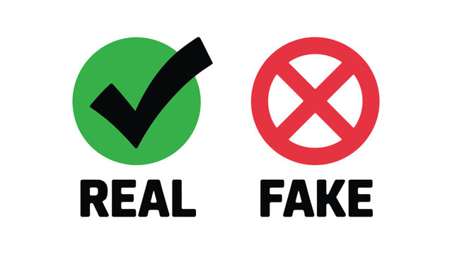 Real versus fake symbol illustration with check mark and cross icons representing authenticity verification approval and rejection concept