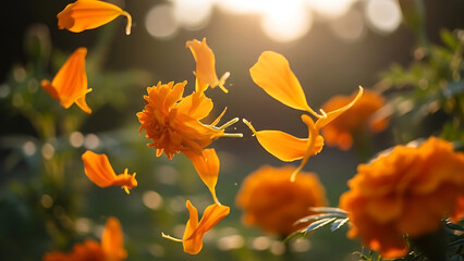 Bright orange marigold petals and flowers floating in the air with bokeh background.