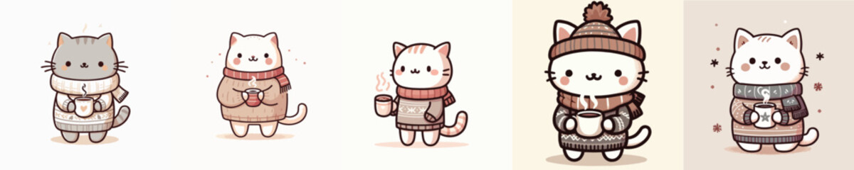 cute winter cat vector drinking coffee