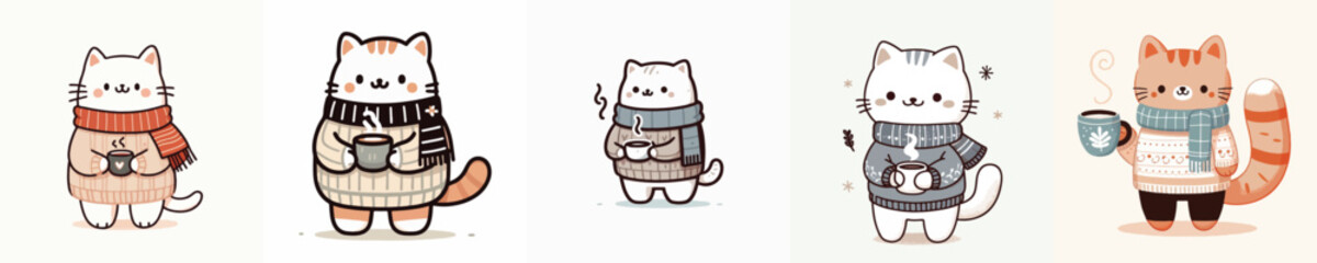 cute winter cat vector drinking coffee
