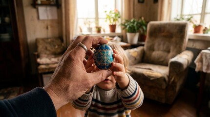 Close up view of a small child holding a blue decorated Easter egg together with an adult hand in a cozy home interior. Warm natural light, family tradition, Easter celebration and bonding moment.