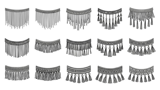 Wide variety of decorative fringe and tassel trim designs in a black and white graphic set for textile and interior decor inspiration.