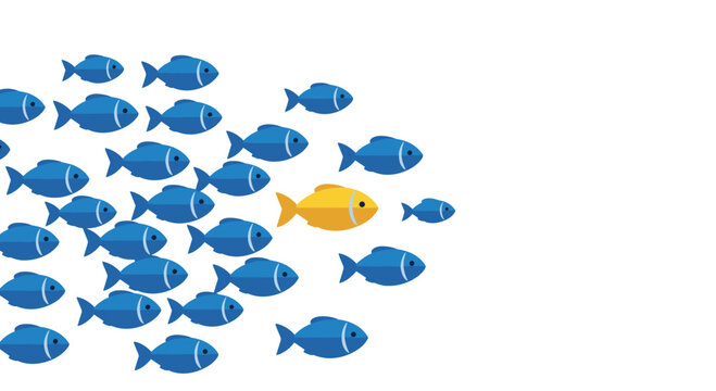 Unique golden fish swimming against the current of a large school of blue fish, symbolizing individuality and leadership.
