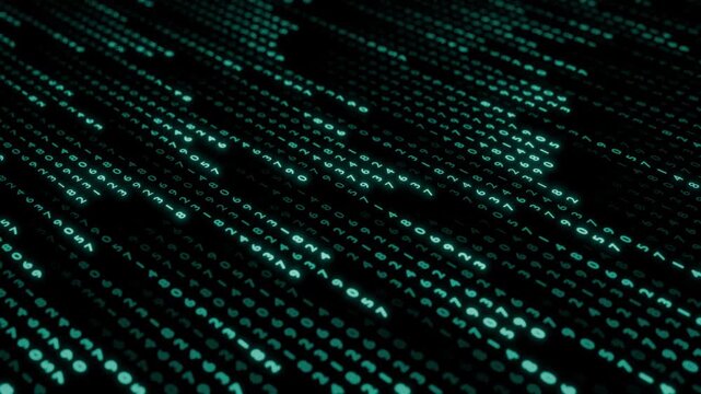 Looped abstract matrix style background with flowing stream of digital numbers and blue glow effect. Computer technology screensaver with linear patterns of code combinations. Seamless loop 4K 60fps