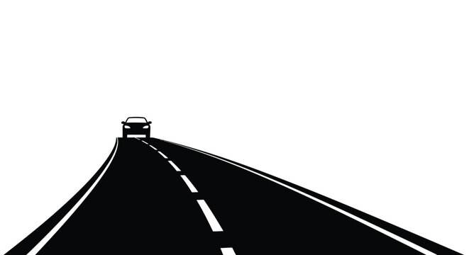 A lone car drives down a long winding road towards the horizon