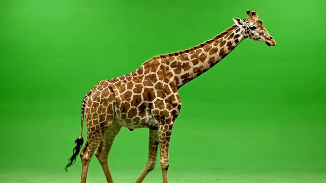 A full body view of a giraffe standing against a vibrant green screen background