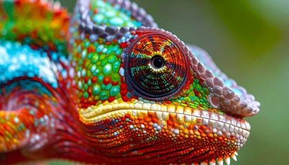 Close-up of a vibrant, colorful chameleons eye and head, showcasing intricate scales and patterns.
