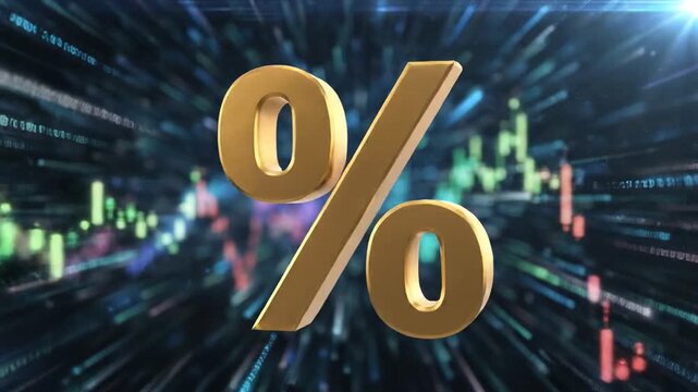 Golden percentage symbol over a blurred financial graph with data streams and light effects, representing economic growth and investment