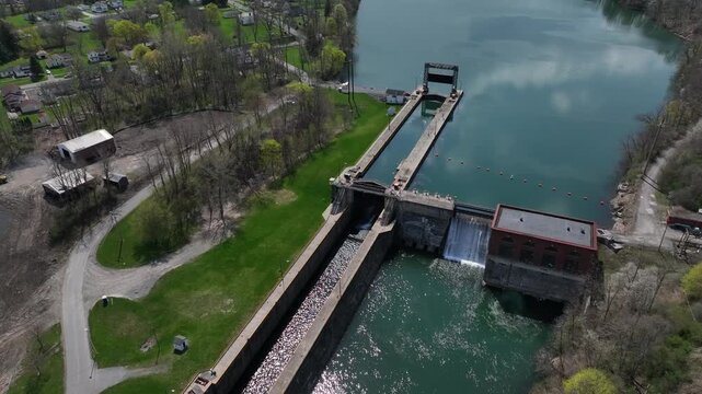 Seneca Falls, NY Lock and Dam part of Erie Canal system featuring double chamber design connects Seneca and Cayuga Lakes Central New York State