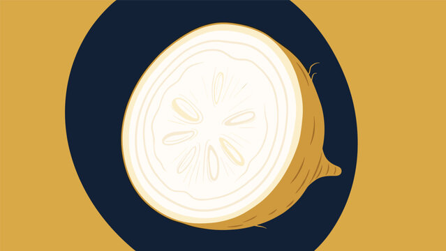 Cross section of a jicama root vegetable showing its white fibrous interior on a dark blue and orange circular background.
