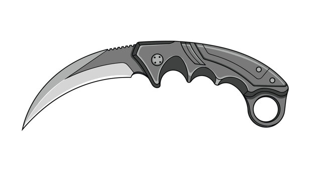 Tactical karambit knife with a curved blade and an ergonomic black handle featuring a finger ring for a secure grip.