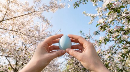 Close up of human hands holding a pastel blue Easter egg outdoors with blooming spring trees and clear blue sky in the background. Seasonal Easter concept with natural light, soft colors, and copy
