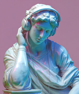 Antique sculpture of a woman listening music with headphones