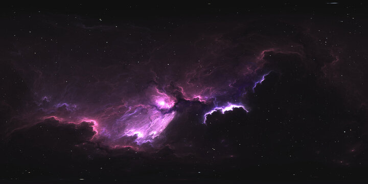 360 degree spherical panoramic space background in equirectangular projection, featuring a detailed starfield and vibrant nebula. No AI.
