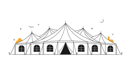 Obraz premium Large white circus tent or marquee with multiple peaks and a wide entrance on a white background with small icons.