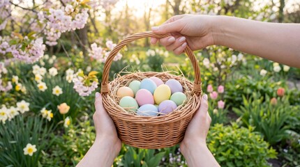 Hands holding wicker basket filled with pastel colored Easter eggs in blooming spring garden. Traditional Easter holiday concept with flowers natural light and seasonal decoration outdoors.