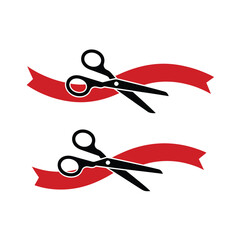 Black scissors cutting a vibrant red ribbon in a celebratory graphic