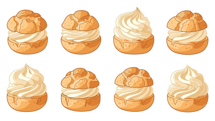 Various styles of cream puffs and profiteroles filled with whipped cream are displayed in a neat set of eight illustrations.