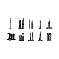 Obraz premium Illustration of various city skylines and iconic buildings around the world in black and white.