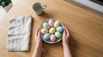 Hands holding ceramic plate with pastel colored Easter eggs on wooden table seen from above. Minimal kitchen scene with cup cloth and natural light. Easter celebration spring holiday and modern home