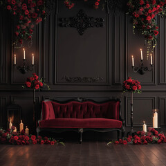 Premium Backdrop: Luxurious red velvet sofa in elegant dark room with roses