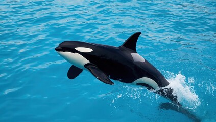 Fototapeta premium A powerful orca, also known as a killer whale, captured mid-air while leaping above a bright blue ocean