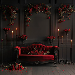 Premium Backdrop: Elegant red velvet sofa with roses in luxurious dark room setting