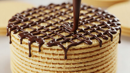 Chocolate syrup drizzled in a criss-cross pattern over a stack of crispy wafers.