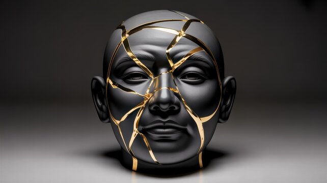 Kintsugi inspired black ceramic face with gold cracks symbolizing healing resilience and emotional strength on dark background
