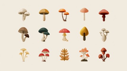 Flat Modern Icon Set Featuring Various Mushrooms on Light Background for Creative Design Projects