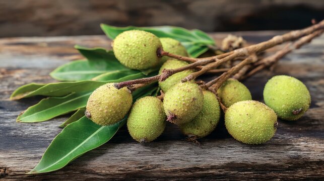 Fresh Longkong Fruit Composition on Rustic Wooden Surface with Green Leaves Display