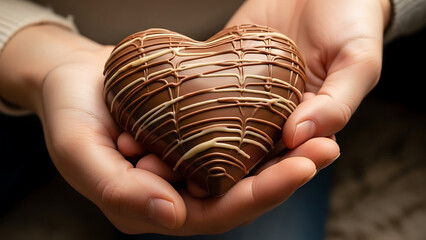 Heart shaped chocolate confection with decorative white and brown drizzle, held gently in caring hands.