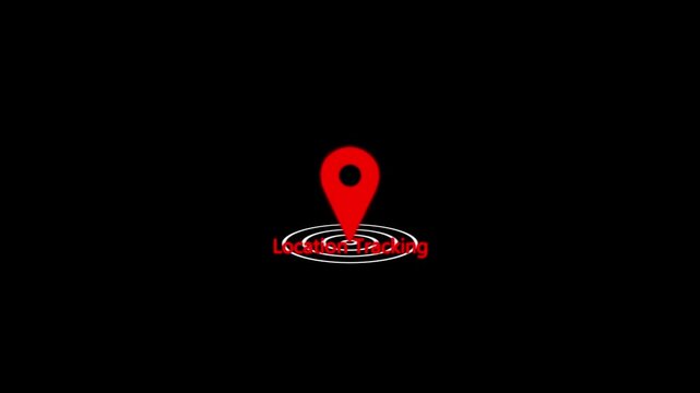 A glowing red geolocation pin icon with radio wave signal rings symbolizing real-time location tracking, wireless positioning, and digital map technology on black background.