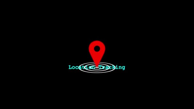 A glowing red geolocation pin icon with radio wave signal rings symbolizing real-time location tracking, wireless positioning, and digital map technology on black background.