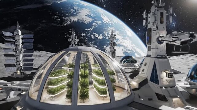 Futuristic lunar colony showcasing advanced architecture, self-sustaining agriculture domes, and communication technology with Earth in the background