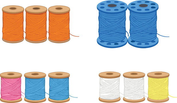 Colorful sewing thread spools set with different colors in flat vector style isolated on white background for craft and textile design