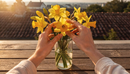 Hands arranging fresh yellow daffodils in glass vase with water on wooden balcony railing. Spring evening scene with rooftops city view and warm golden sunlight. Home lifestyle floral decor and