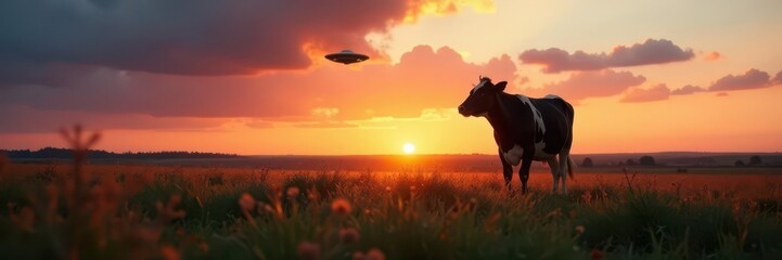 Cow in pasture, saucer-shaped object above, dusk, observing, phenomenon, stars