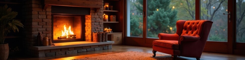 Cozy living room fireplace armchair, warm firelight, leather, sitting