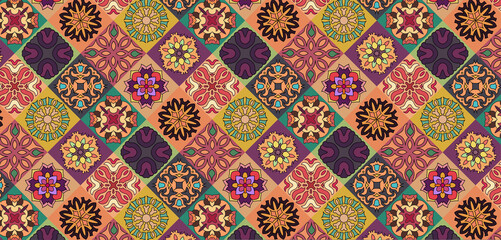 Colorful Geometric Floral Textile Pattern with Vintage Ornamental Tiles and Ethnic Mandala Motifs